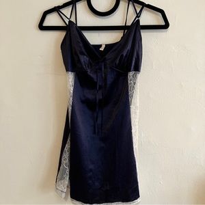 Navy Blue Satin Spaghetti Strap Camisole Top with Lace Detailing Size M
